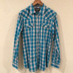 Cody James Men‎ M Shirt Blue Plaid Snap Button Long Sleeve Western 100% Cotton